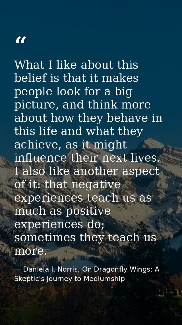 What I like about this belief is that it makes people look for a big picture, and think more about how they behave in th — Daniela I. Norris, On Dragonfly Wings: A Skeptic's Journey to Mediumship