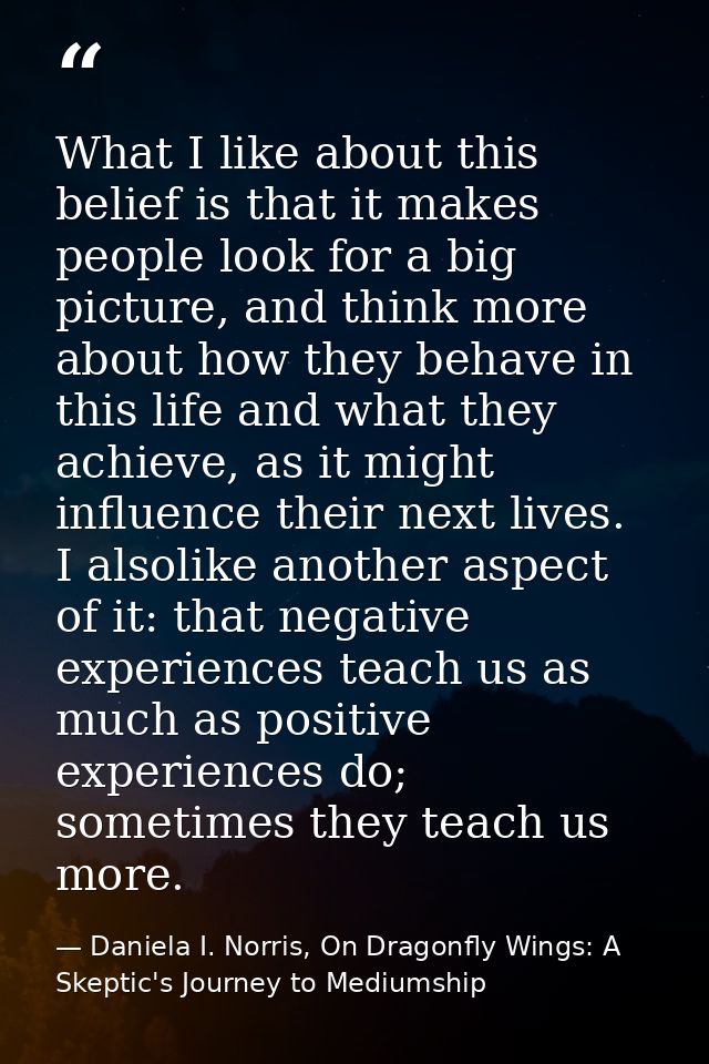 What I like about this belief is that it makes people look for a big picture, and think more about how they behave in th — Daniela I. Norris, On Dragonfly Wings: A Skeptic's Journey to Mediumship