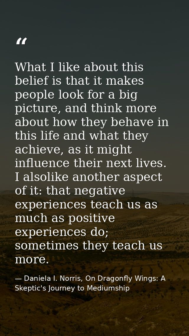What I like about this belief is that it makes people look for a big picture, and think more about how they behave in th — Daniela I. Norris, On Dragonfly Wings: A Skeptic's Journey to Mediumship