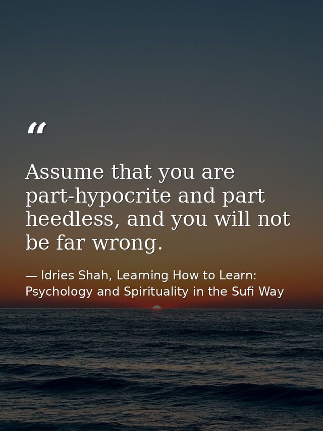 Assume that you are part-hypocrite and part heedless, and you will not be far wrong. — Idries Shah, Learning How to Learn: Psychology and Spirituality in the Sufi Way
