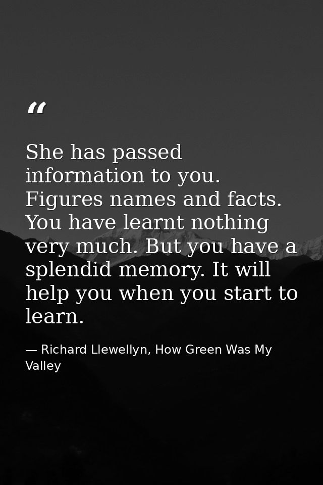 She has passed information to you. Figures names and facts. You have learnt nothing very much. But you have a splendid m — Richard Llewellyn, How Green Was My Valley