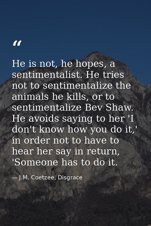 He is not, he hopes, a sentimentalist. He tries not to sentimentalize the animals he kills, or to sentimentalize Bev Sha — J.M. Coetzee, Disgrace