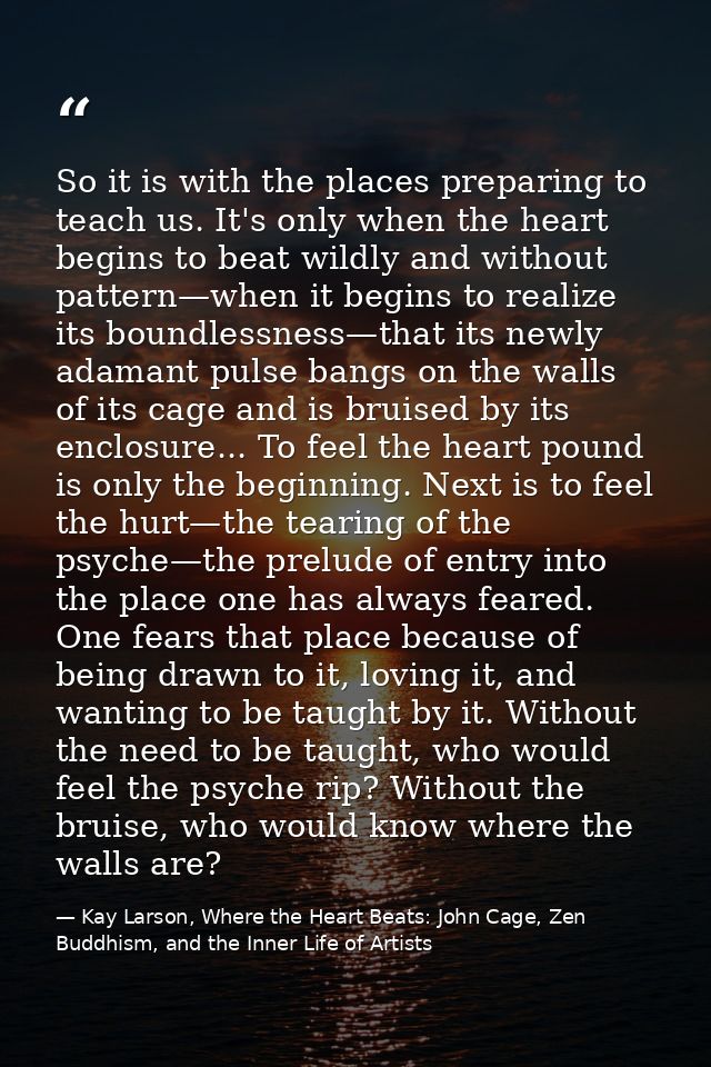 So it is with the places preparing to teach us. It's only when the heart begins to beat wildly and without pattern—when  — Kay Larson, Where the Heart Beats: John Cage, Zen Buddhism, and the Inner Life of Artists