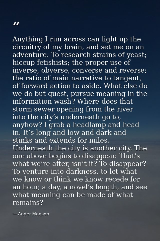 Anything I run across can light up the circuitry of my brain, and set me on an adventure. To research strains of yeast;  — Ander Monson