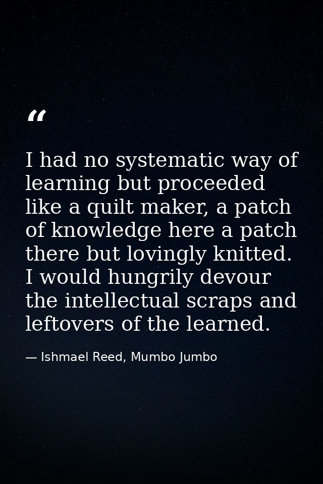 I had no systematic way of learning but proceeded like a quilt maker, a patch of knowledge here a patch there but loving — Ishmael Reed, Mumbo Jumbo
