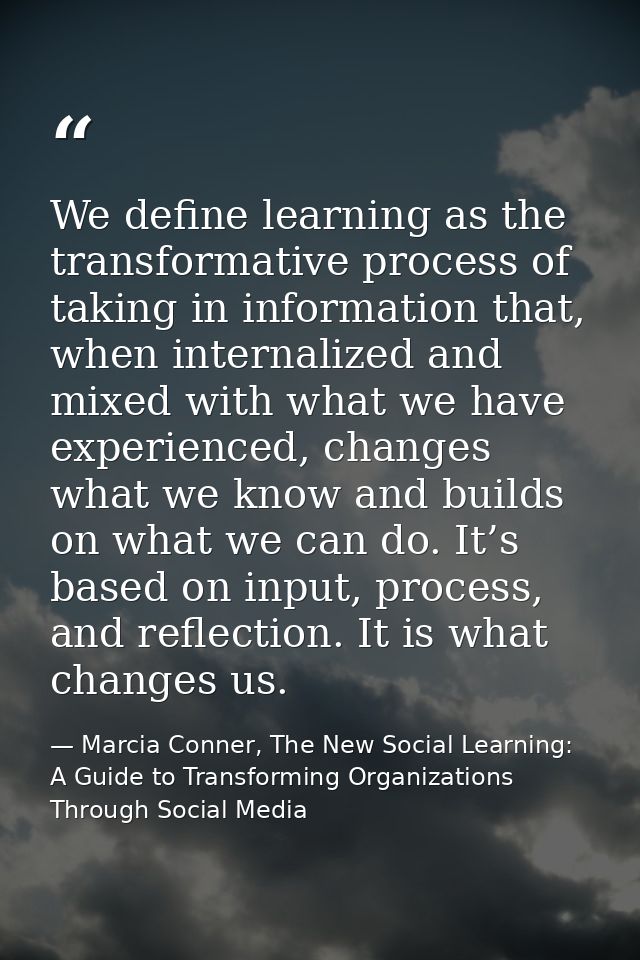 We define learning as the transformative process of taking in information that, when internalized and mixed with what we — Marcia Conner, The New Social Learning: A Guide to Transforming Organizations Through Social Media