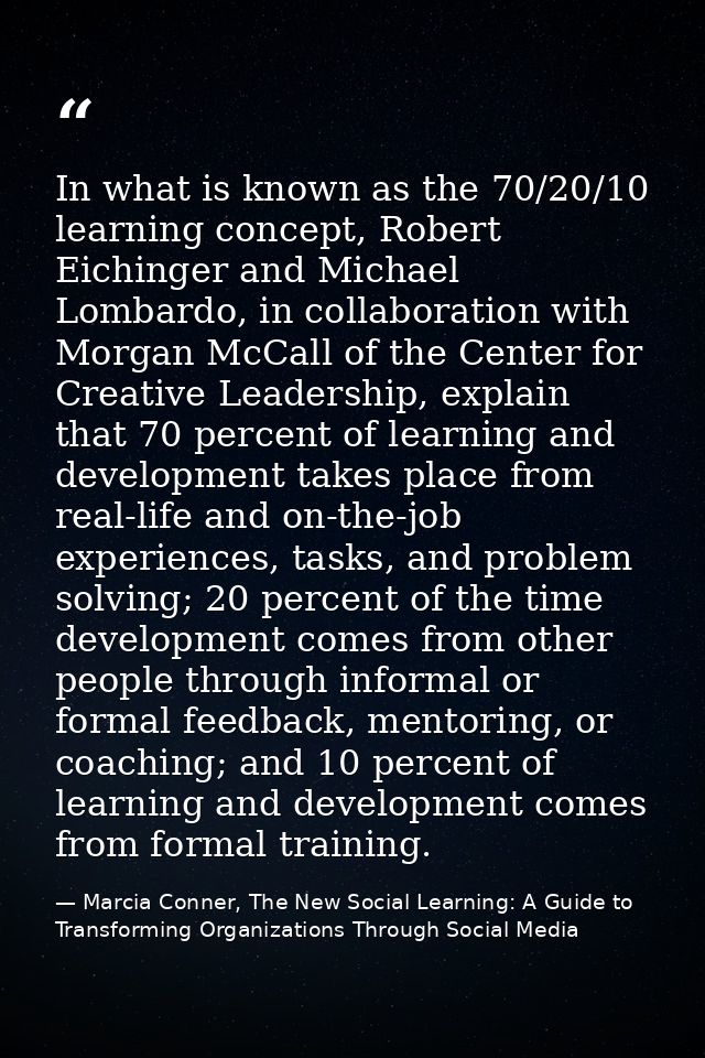 In what is known as the 70/20/10 learning concept, Robert Eichinger and Michael Lombardo, in collaboration with Morgan M — Marcia Conner, The New Social Learning: A Guide to Transforming Organizations Through Social Media