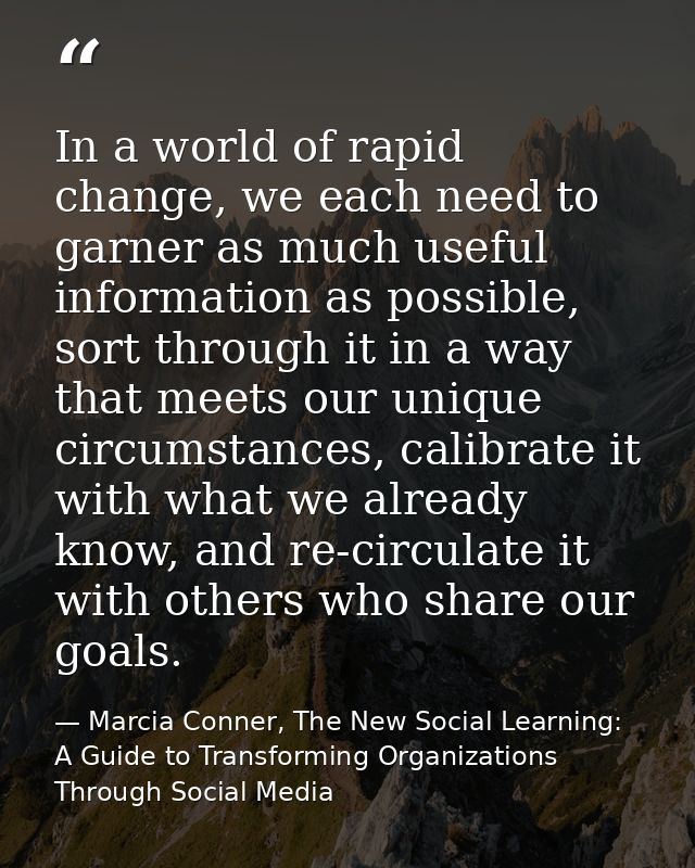 In a world of rapid change, we each need to garner as much useful information as possible, sort through it in a way that — Marcia Conner, The New Social Learning: A Guide to Transforming Organizations Through Social Media