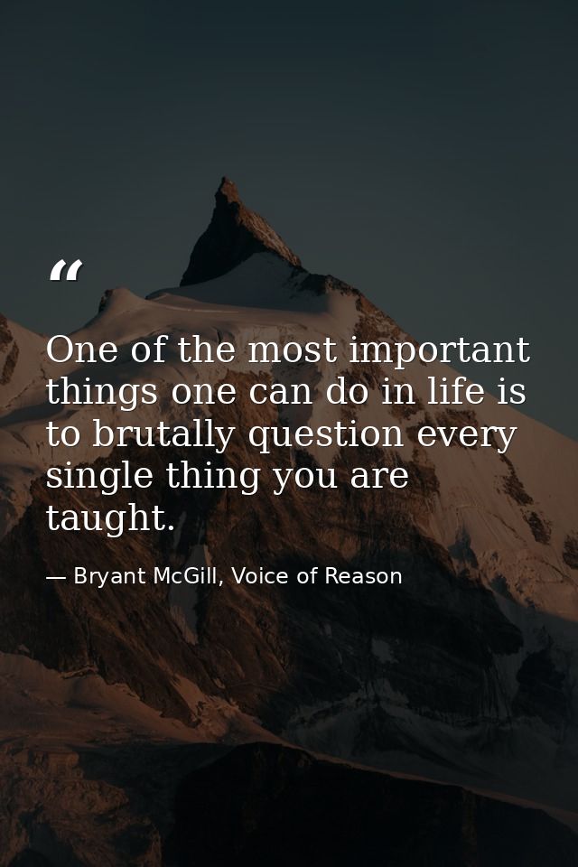 One of the most important things one can do in life is to brutally question every single thing you are taught. — Bryant McGill, Voice of Reason