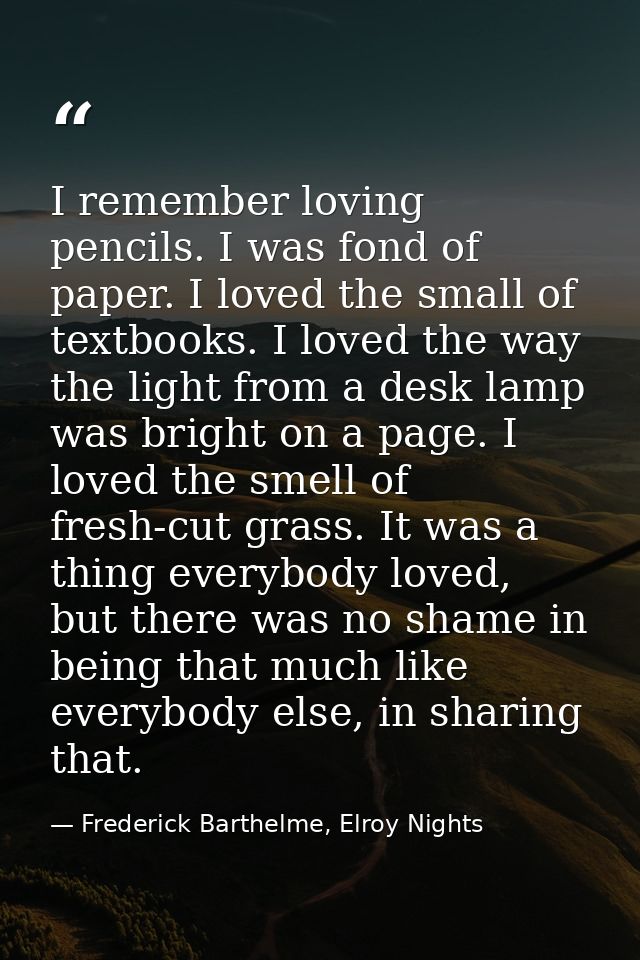 I remember loving pencils. I was fond of paper. I loved the small of textbooks. I loved the way the light from a desk la — Frederick Barthelme, Elroy Nights