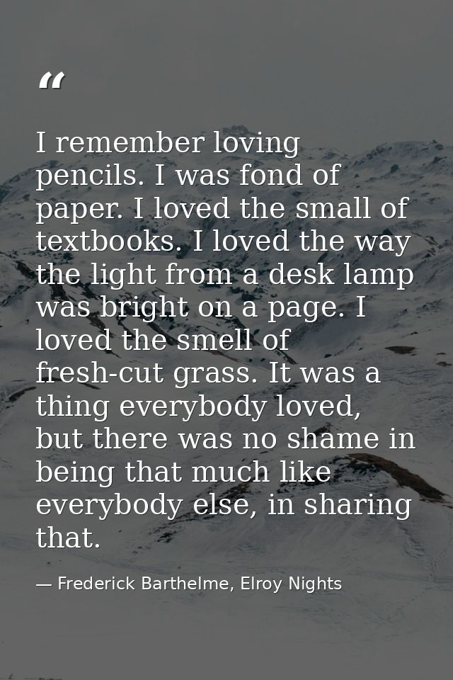 I remember loving pencils. I was fond of paper. I loved the small of textbooks. I loved the way the light from a desk la — Frederick Barthelme, Elroy Nights