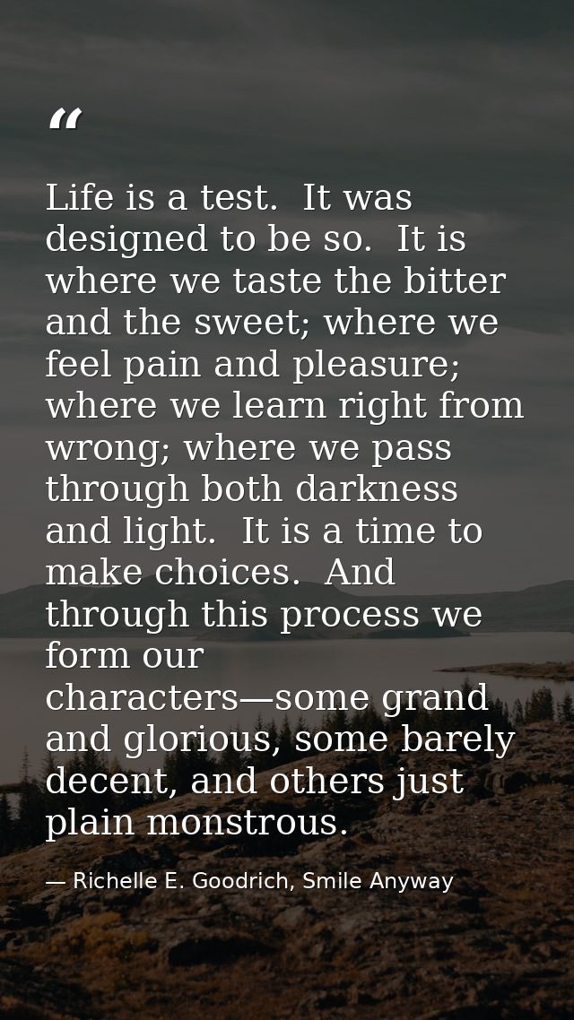 Life is a test.  It was designed to be so.  It is where we taste the bitter and the sweet; where we feel pain and pleasu — Richelle E. Goodrich, Smile Anyway