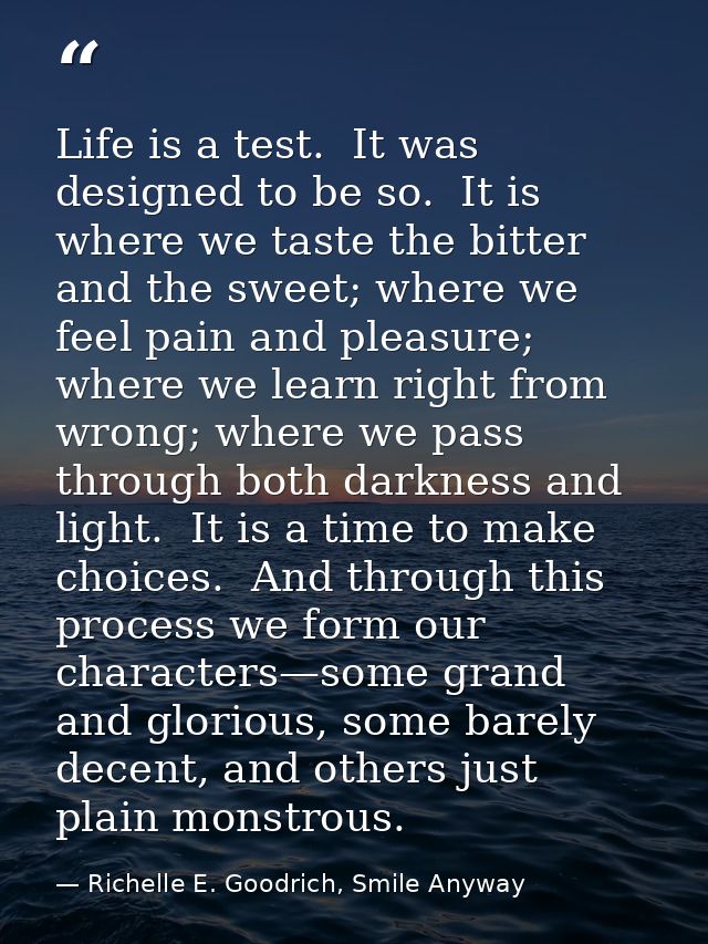 Life is a test.  It was designed to be so.  It is where we taste the bitter and the sweet; where we feel pain and pleasu — Richelle E. Goodrich, Smile Anyway