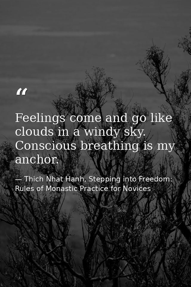 Feelings come and go like clouds in a windy sky. Conscious breathing is my anchor. — Thich Nhat Hanh, Stepping into Freedom: Rules of Monastic Practice for Novices
