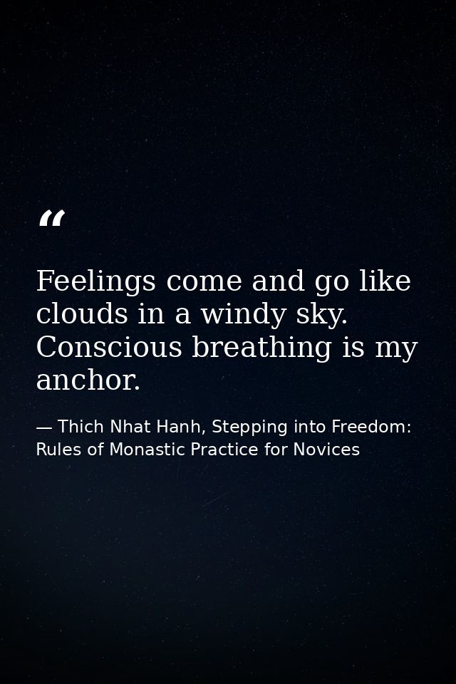 Feelings come and go like clouds in a windy sky. Conscious breathing is my anchor. — Thich Nhat Hanh, Stepping into Freedom: Rules of Monastic Practice for Novices