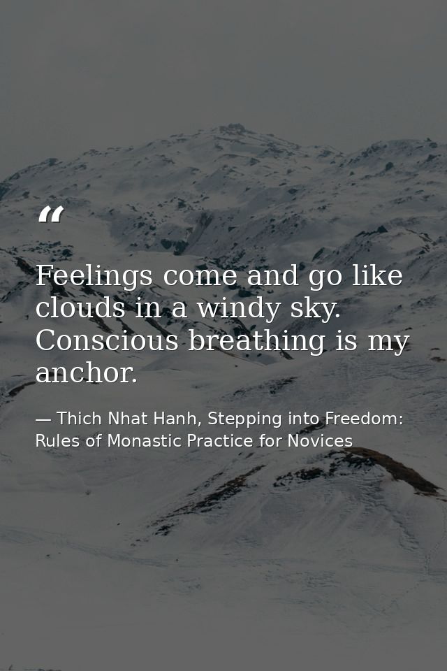 Feelings come and go like clouds in a windy sky. Conscious breathing is my anchor. — Thich Nhat Hanh, Stepping into Freedom: Rules of Monastic Practice for Novices