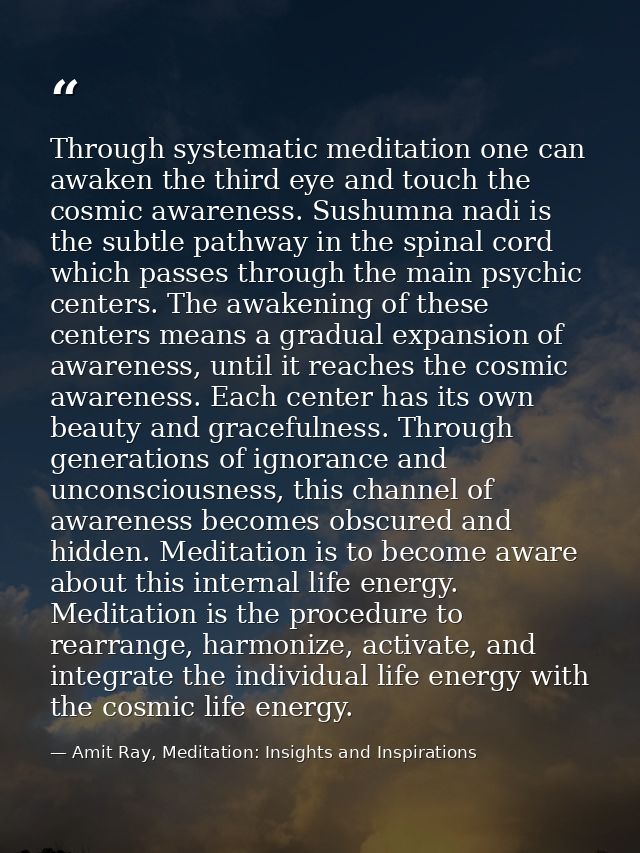 Through systematic meditation one can awaken the third eye and touch the cosmic awareness. Sushumna nadi is the subtle p — Amit Ray, Meditation: Insights and Inspirations