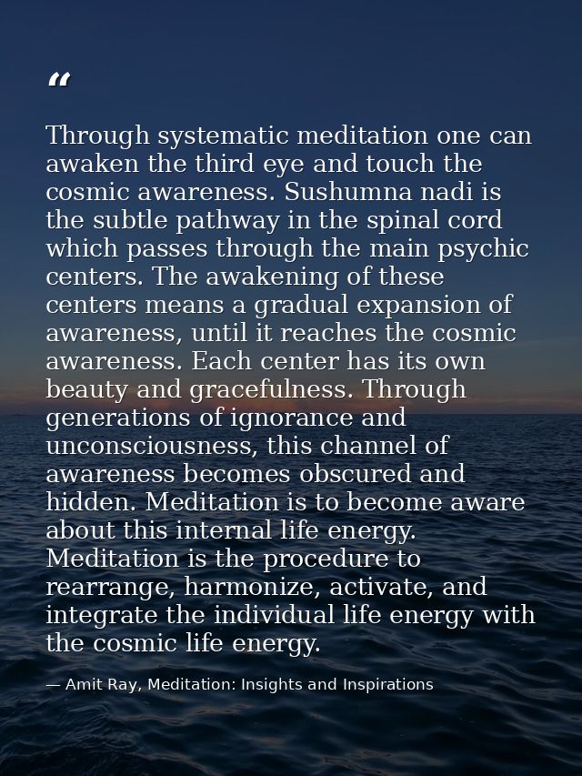 Through systematic meditation one can awaken the third eye and touch the cosmic awareness. Sushumna nadi is the subtle p — Amit Ray, Meditation: Insights and Inspirations
