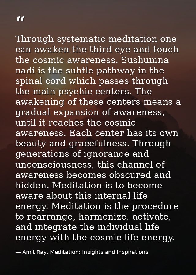 Through systematic meditation one can awaken the third eye and touch the cosmic awareness. Sushumna nadi is the subtle p — Amit Ray, Meditation: Insights and Inspirations