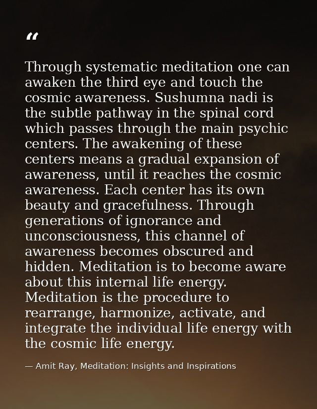 Through systematic meditation one can awaken the third eye and touch the cosmic awareness. Sushumna nadi is the subtle p — Amit Ray, Meditation: Insights and Inspirations
