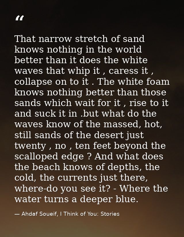 That narrow stretch of sand knows nothing in the world better than it does the white waves that whip it , caress it , co — Ahdaf Soueif, I Think of You: Stories