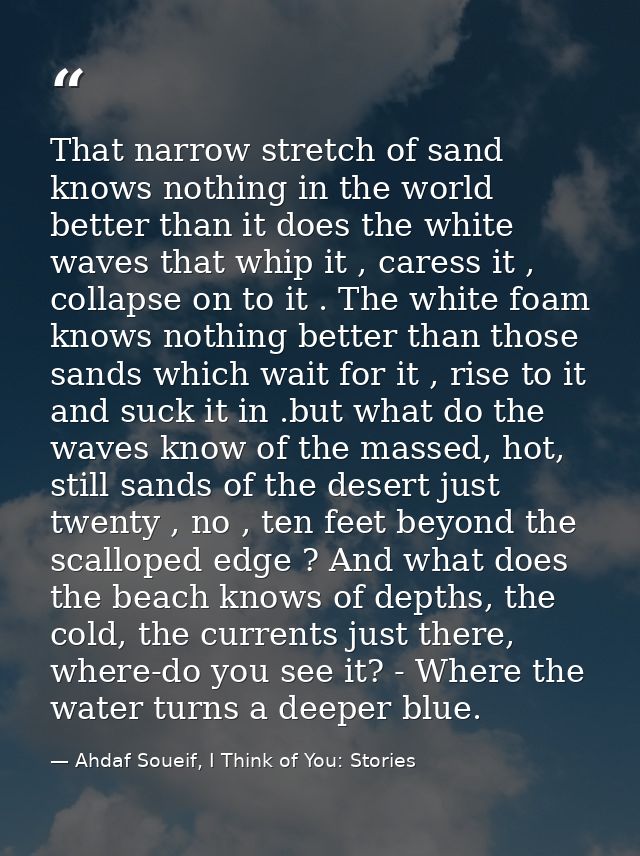 That narrow stretch of sand knows nothing in the world better than it does the white waves that whip it , caress it , co — Ahdaf Soueif, I Think of You: Stories