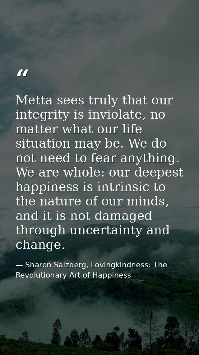 Metta sees truly that our integrity is inviolate, no matter what our life situation may be. We do not need to fear anyth — Sharon Salzberg, Lovingkindness: The Revolutionary Art of Happiness