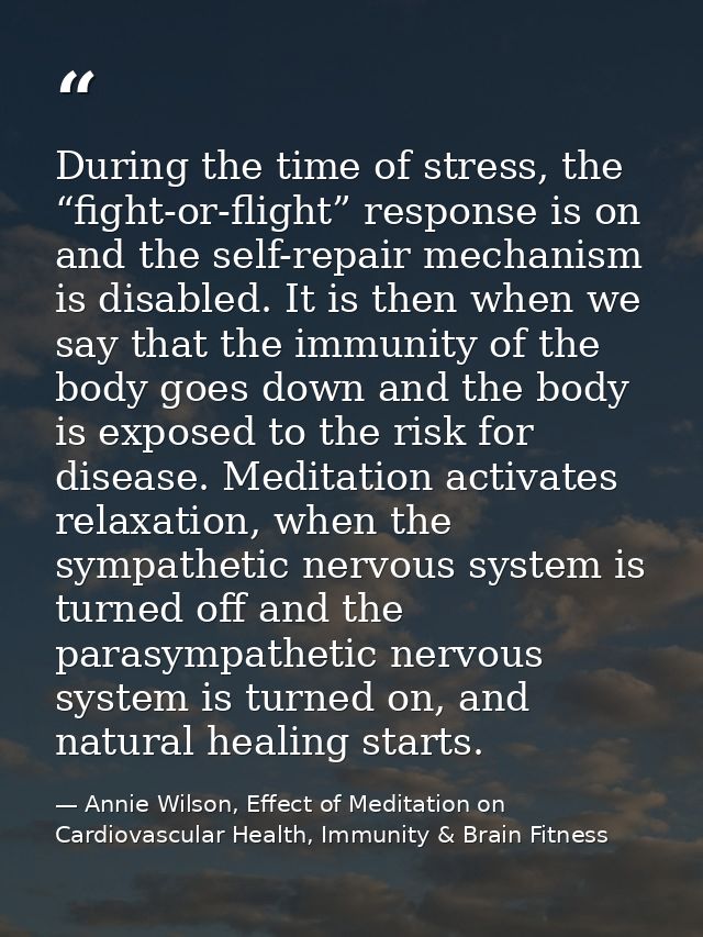 During the time of stress, the “fight-or-flight” response is on and the self-repair mechanism is disabled. It is then wh — Annie Wilson, Effect of Meditation on Cardiovascular Health, Immunity & Brain Fitness