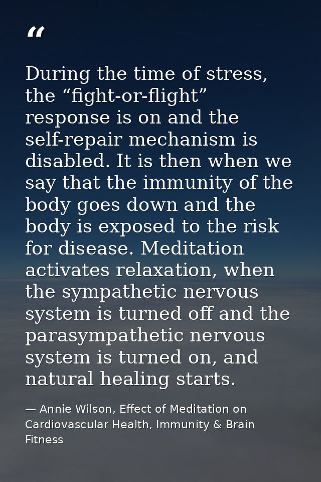 During the time of stress, the “fight-or-flight” response is on and the self-repair mechanism is disabled. It is then wh — Annie Wilson, Effect of Meditation on Cardiovascular Health, Immunity & Brain Fitness