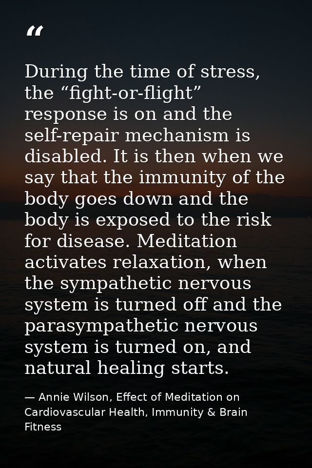 During the time of stress, the “fight-or-flight” response is on and the self-repair mechanism is disabled. It is then wh — Annie Wilson, Effect of Meditation on Cardiovascular Health, Immunity & Brain Fitness