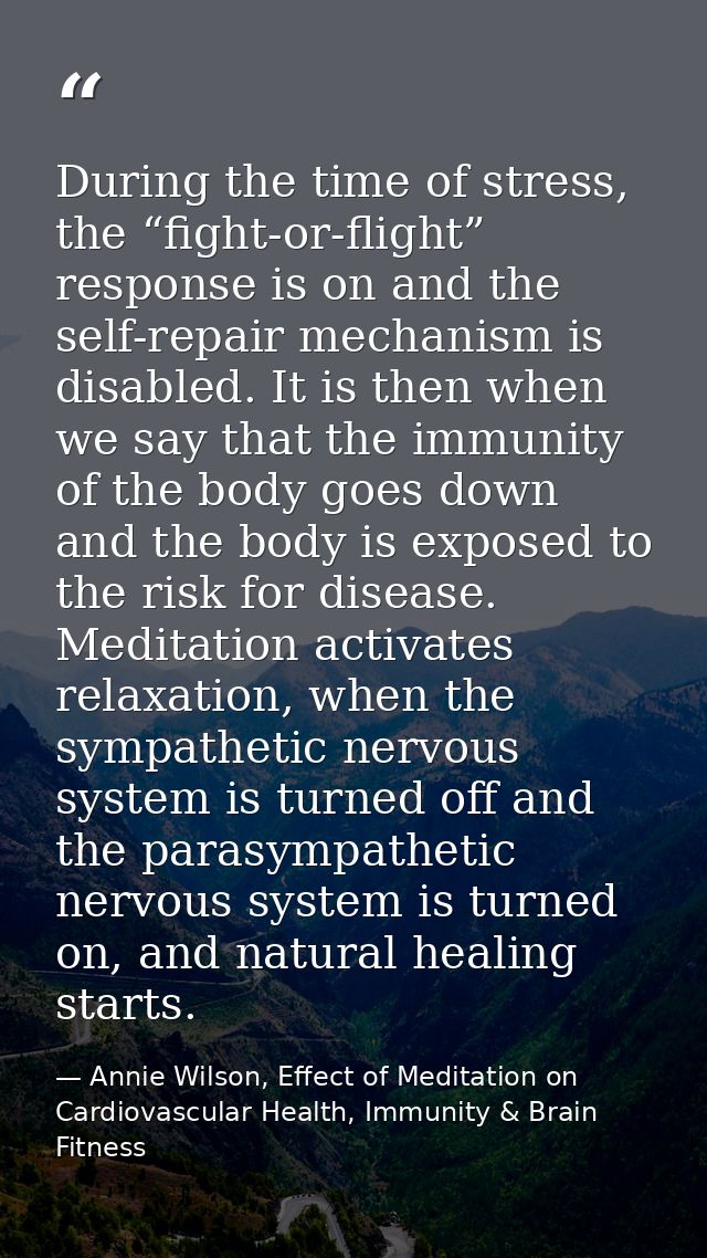 During the time of stress, the “fight-or-flight” response is on and the self-repair mechanism is disabled. It is then wh — Annie Wilson, Effect of Meditation on Cardiovascular Health, Immunity & Brain Fitness