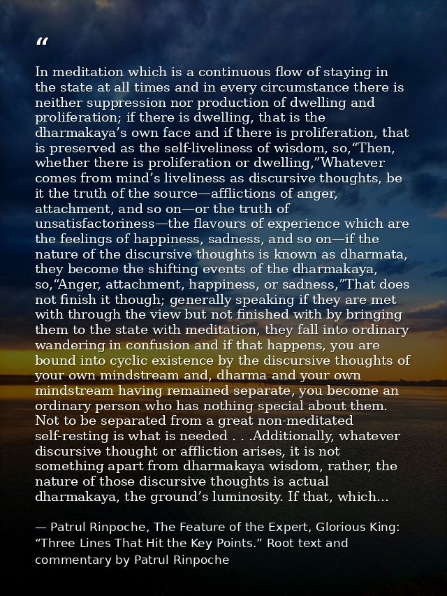 In meditation which is a continuous flow of staying in the state at all times and in every circumstance there is neither — Patrul Rinpoche, The Feature of the Expert, Glorious King: “Three Lines That Hit the Key Points.” Root text and commentary by Patrul Rinpoche