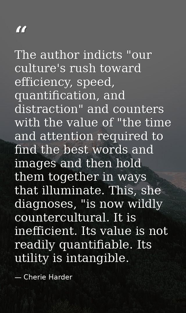 The author indicts "our culture's rush toward efficiency, speed, quantification, and distraction" and counters with the  — Cherie Harder