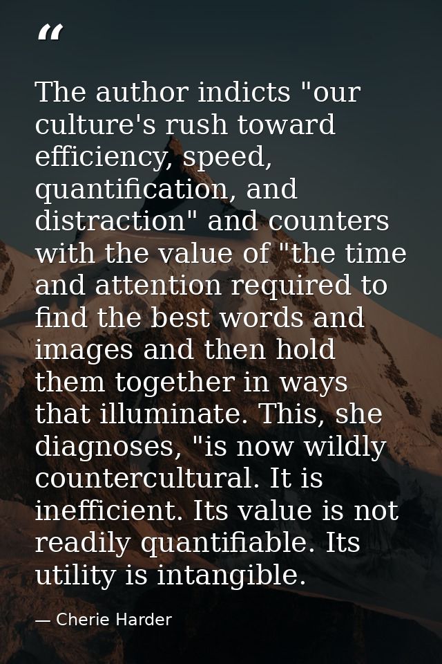 The author indicts "our culture's rush toward efficiency, speed, quantification, and distraction" and counters with the  — Cherie Harder
