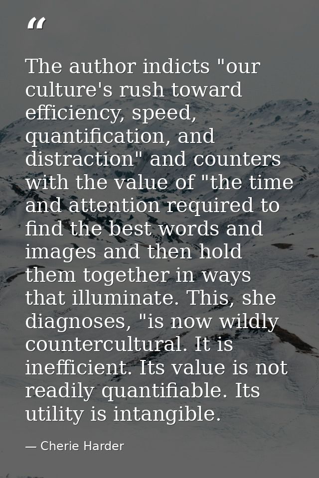 The author indicts "our culture's rush toward efficiency, speed, quantification, and distraction" and counters with the  — Cherie Harder
