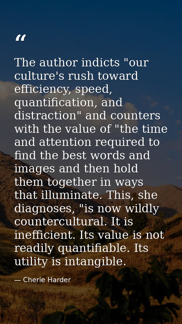 The author indicts "our culture's rush toward efficiency, speed, quantification, and distraction" and counters with the  — Cherie Harder