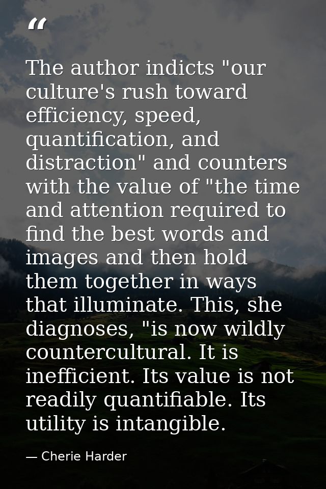 The author indicts "our culture's rush toward efficiency, speed, quantification, and distraction" and counters with the  — Cherie Harder
