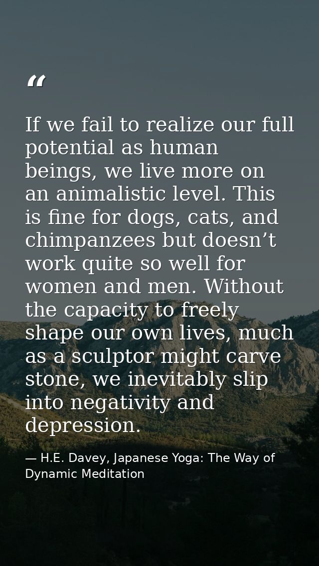 If we fail to realize our full potential as human beings, we live more on an animalistic level. This is fine for dogs, c — H.E. Davey, Japanese Yoga: The Way of Dynamic Meditation