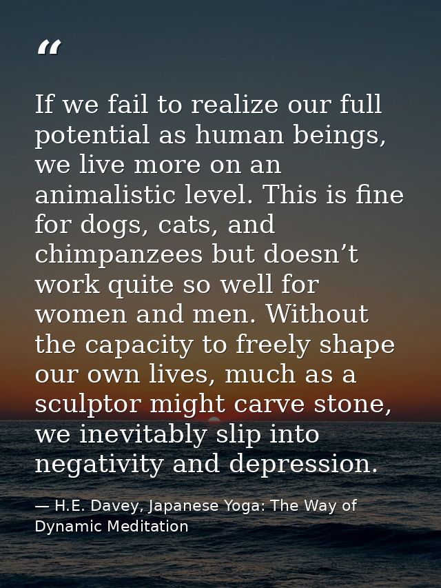 If we fail to realize our full potential as human beings, we live more on an animalistic level. This is fine for dogs, c — H.E. Davey, Japanese Yoga: The Way of Dynamic Meditation
