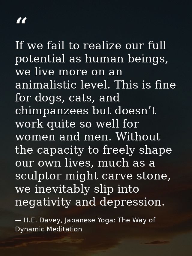 If we fail to realize our full potential as human beings, we live more on an animalistic level. This is fine for dogs, c — H.E. Davey, Japanese Yoga: The Way of Dynamic Meditation