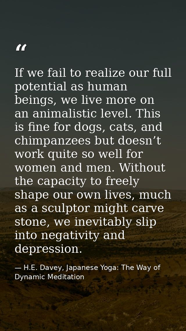 If we fail to realize our full potential as human beings, we live more on an animalistic level. This is fine for dogs, c — H.E. Davey, Japanese Yoga: The Way of Dynamic Meditation