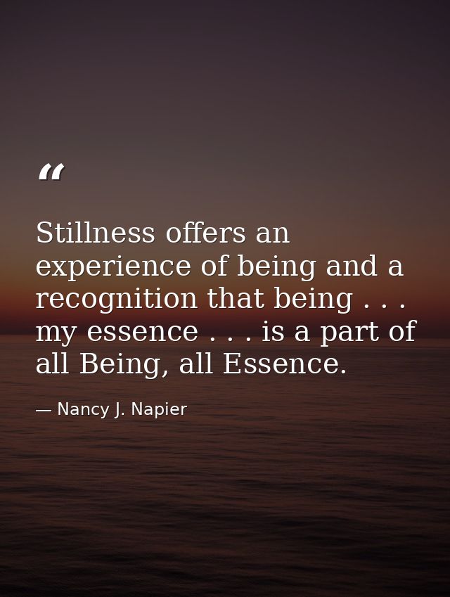 Stillness offers an experience of being and a recognition that being . . . my essence . . . is a part of all Being, all  — Nancy J. Napier