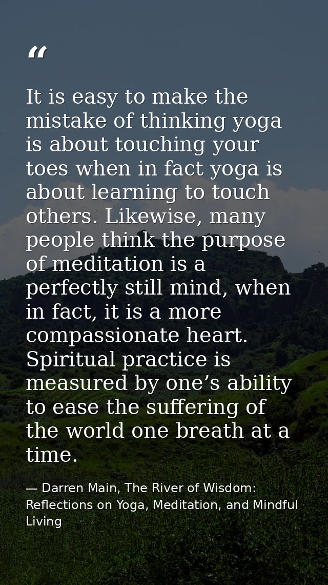 It is easy to make the mistake of thinking yoga is about touching your toes when in fact yoga is about learning to touch — Darren Main, The River of Wisdom: Reflections on Yoga, Meditation, and Mindful Living