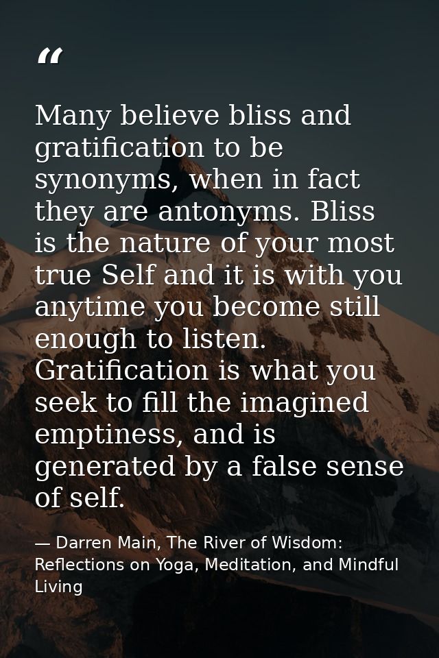 Many believe bliss and gratification to be synonyms, when in fact they are antonyms. Bliss is the nature of your most tr — Darren Main, The River of Wisdom: Reflections on Yoga, Meditation, and Mindful Living