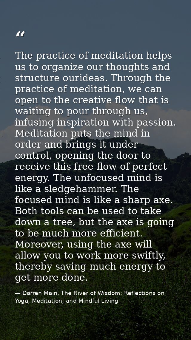 The practice of meditation helps us to organize our thoughts and structure ourideas. Through the practice of meditation, — Darren Main, The River of Wisdom: Reflections on Yoga, Meditation, and Mindful Living