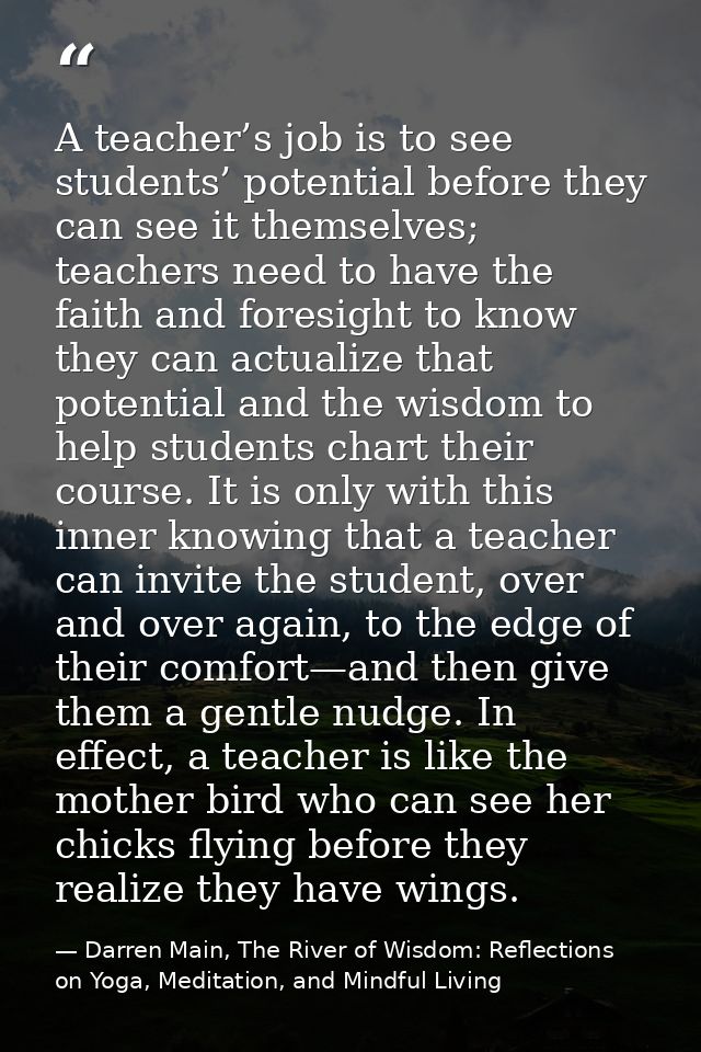 A teacher’s job is to see students’ potential before they can see it themselves; teachers need to have the faith and for — Darren Main, The River of Wisdom: Reflections on Yoga, Meditation, and Mindful Living