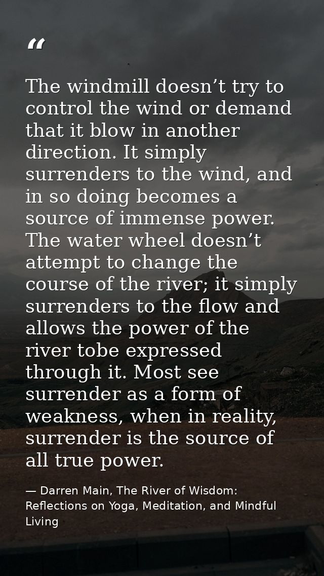The windmill doesn’t try to control the wind or demand that it blow in another direction. It simply surrenders to the wi — Darren Main, The River of Wisdom: Reflections on Yoga, Meditation, and Mindful Living