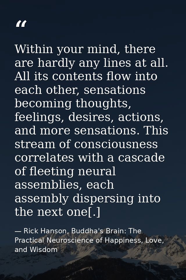 Within your mind, there are hardly any lines at all. All its contents flow into each other, sensations becoming thoughts — Rick Hanson, Buddha's Brain: The Practical Neuroscience of Happiness, Love, and Wisdom