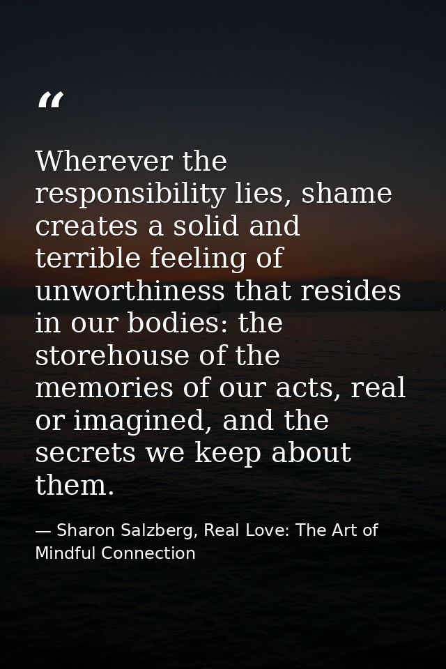 Wherever the responsibility lies, shame creates a solid and terrible feeling of unworthiness that resides in our bodies: — Sharon Salzberg, Real Love: The Art of Mindful Connection