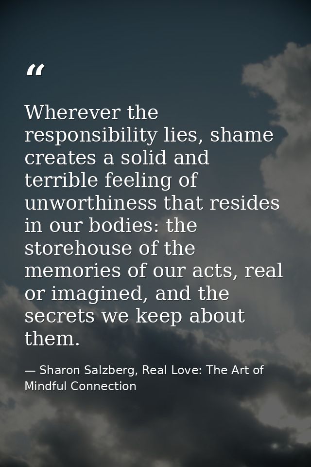 Wherever the responsibility lies, shame creates a solid and terrible feeling of unworthiness that resides in our bodies: — Sharon Salzberg, Real Love: The Art of Mindful Connection
